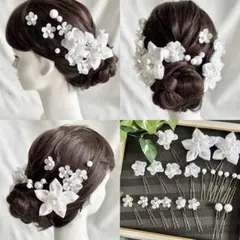 白桔梗のつまみ細工と白い花のアメリカンフラワー成人式振袖前撮り卒業式袴ブライダル