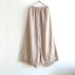 フリンジ付き ワイドパンツ【L】ベージュ ガウチョ 春 ナチュラル ゴム