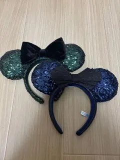 ディズニー　カチューシャ　ハロウィン　グリーン　コウモリ　ネイビー　スパンコール