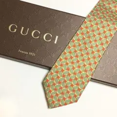 未使用級 グッチ GUCCI ネクタイ シルク オレンジ グリーン 総柄