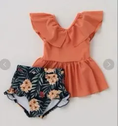 お値下げ中！petit main フリル水着 100 オレンジ　ボタニカル柄