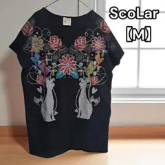 良品★スカラー【ScoLar】ロング丈 Tシャツ ネコ 花柄 蝶々 バラ 黒 Mのサムネイル
