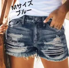 レディース・ダメージ加工/ショートジーンズ【ブルー・Мサイズ】新品