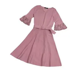 JUSGLITTY 袖刺繍フレアニットワンピース レース