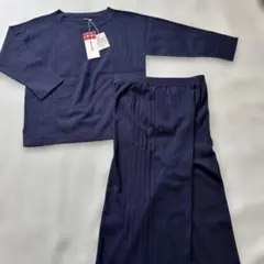 ドゥクラッセ　ネイビー リブ編み ニットセットアップ Lサイズ