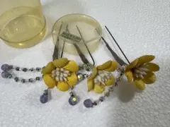 黄色の花とビーズのかんざしセット