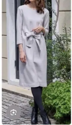 [最終お値下げ]ANAYI ダークグレー リボン付きひざ丈ウールワンピース M