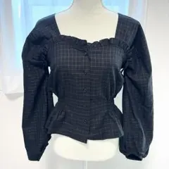 mystic スクエアネック チェックブラウス フリル ボリューム袖 春トップス