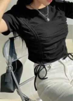 shein ドローストリング クロップド Tシャツ リブ リボン サイド