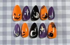 【現品のみ】ネイルチップ　ハロウィン　オレンジ　紫　黒　マグネット　アーモンド