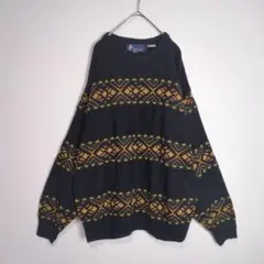 ニット セーター (L) ボーダー 大きめサイズ ゆるダボ 黒 茶色 古着