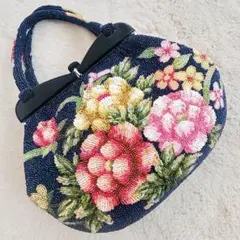 稀少美品❤️一点物　職人　花柄　総ビーズバック刺繍　昭和レトロ　ビーズバッグがま口
