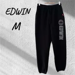 EDWIN ジョガーパンツ ウエストゴム紐 ロゴ ゆったり 裏起毛 黒 M