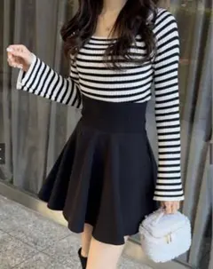 ボーダー柄スクエアネックフレアスリーブニットトップス[ru1057] GRL