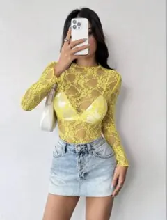 SHEIN イエロー レース 長袖 トップスのサムネイル