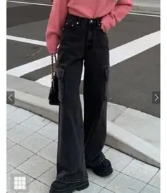 ハイウエストワイドデニムカーゴパンツ[cu450] ブラック Mサイズ