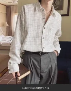【NOWLE】ツイードライク 織りチェック柄 長袖 シックボタン シャツ