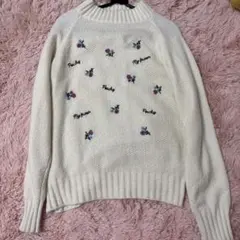 最終お値下げアイボリー ハイネックニット 花柄刺繍韓国ファッションガーリー