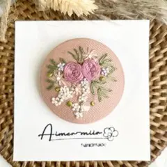 刺繍ブローチorヘアゴム✳︎ピンクローズのブーケ