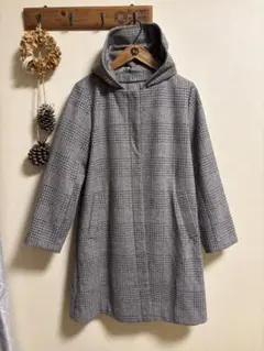 週末限定価格❗️GLOBAL WORK フード付きロングコート グレー系チェック