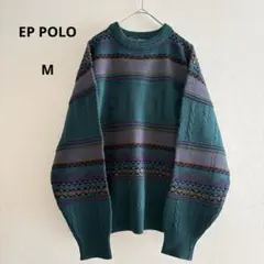 EP POLO メンズ ニット セーター 総柄 古着 グリーン系 M～L