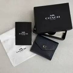 純正 コーチ COACH 三つ折り財布 ネイビー Cロゴ レザー ミニ財布 箱付