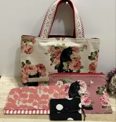 布小物4点セット 黒猫と薔薇 生成り.ピンク マルチケース カードケース