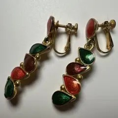 ヴィンテージ風 マルチカラー エナメル ティアドロップ イヤリング クリップ式