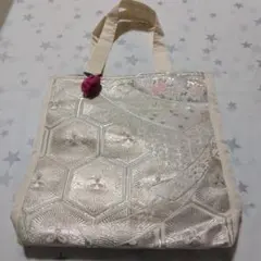 帯　リメイク　トートバッグ シルバーと薄ピンク