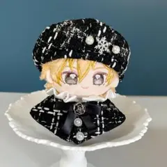 10〜12cm ぬい服　サテン ツイード ベレー帽　チェック　ポンチョ　黒色