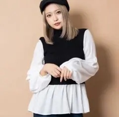 【ゴージ】ニットリブ切り替えドッキングシャツ ブラック