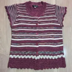 ワイン色　 ストライプ柄　フレアスリーブ　模様編みカーディガン　ベスト　 M-L