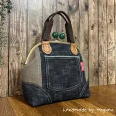 ＊訳あり＊ポケットが可愛いカーキデニムのがま口バッグ　ショルダー付　青耳赤タグ