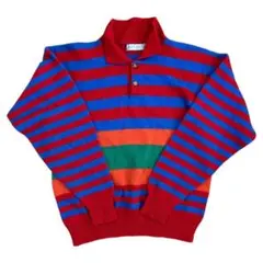 【USA製】80's90's Jantzen マルチボーダーニットポロ M 短丈