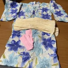 青色花柄浴衣・帯セット