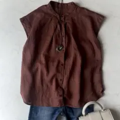 美品 シップス NORTHERN LINENフロントタックシャツ ブラウン