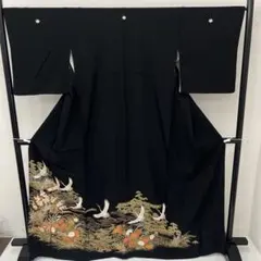 黒留袖 羽ばたく鶴 裄66.5 金駒刺繍 五つ紋 正絹 着物 i-4009