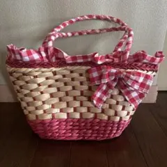 チェック柄フリル付きかごバッグ　バッグ