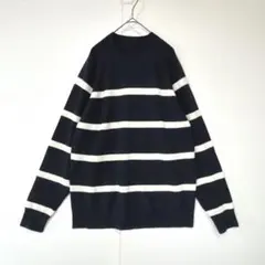 無印良品　ニット　セーター　ボーダー　クルーネック　綿混　ネイビー　L