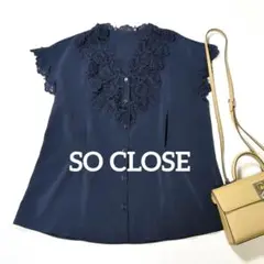 SO CLOSE　ディノス　美品　レース　ブラウス　フレンチスリーブ　ネイビー