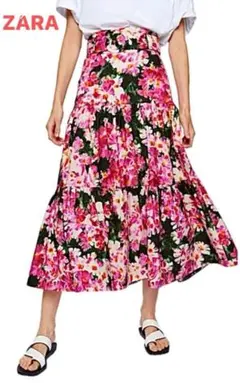 【ZARA/ザラ】ベルト付♪ティアードスカート/花柄 ロングスカート/XSのサムネイル