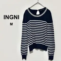 イング 薄手ニット ボーダー ネイビー白 パール付き ガーリー 大人可愛い M