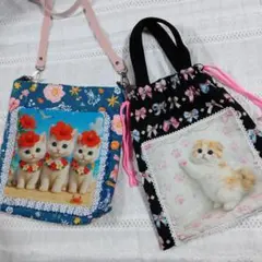 ショルダーバッグ＆巾着バッグ２点セット　ネコパネル　ハンドメイドのサムネイル