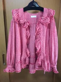 ピンクハウス フリル付き赤と白チェック カーディガン 羽織