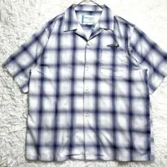 タウンクラフト オンブレチェックシャツ 半袖 別注 開襟 青 L 刺繍 古着