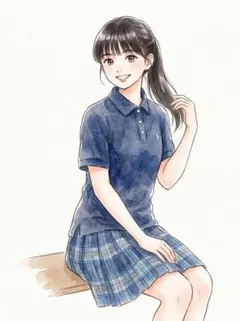 c345_ポロシャツとチェック柄スカートの女子学生を描いた水彩画風イラスト