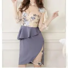 新品 dazzystore フラワー刺繍 ペプラム タイトミニドレス M ブルー