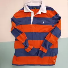 オレンジ青ストライプ ポロシャツ 長袖