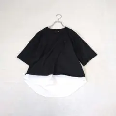 【adidas/アディダス】５分袖ルーズフィットレイヤードカットソー『M』黒×白