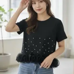【SALON by Chico】ドットチュールデザインドッキングペプラムロンT SALON by Chico】ドットチュールデザインドッキングペプラムロンT